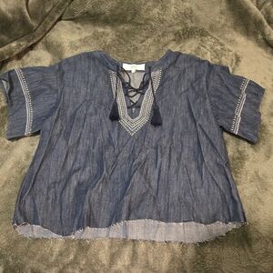 Navy Embroidered Tassel Blouse